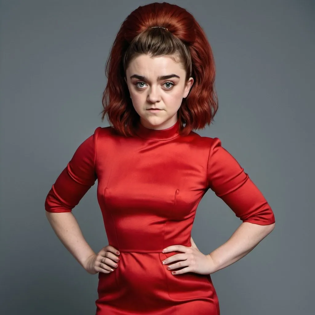 Prompt: maisie Williams plump woman with long red big bouffant beehive hair full body shown, wearing tight dress full body shown