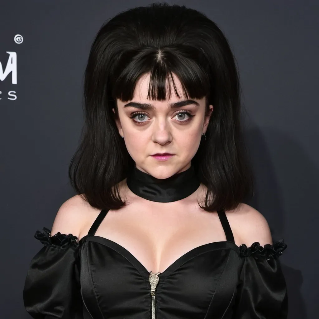 Prompt: Maisie Williams Dressed as Elvira Mistress of the dark, Big bouffant Beehive black hair