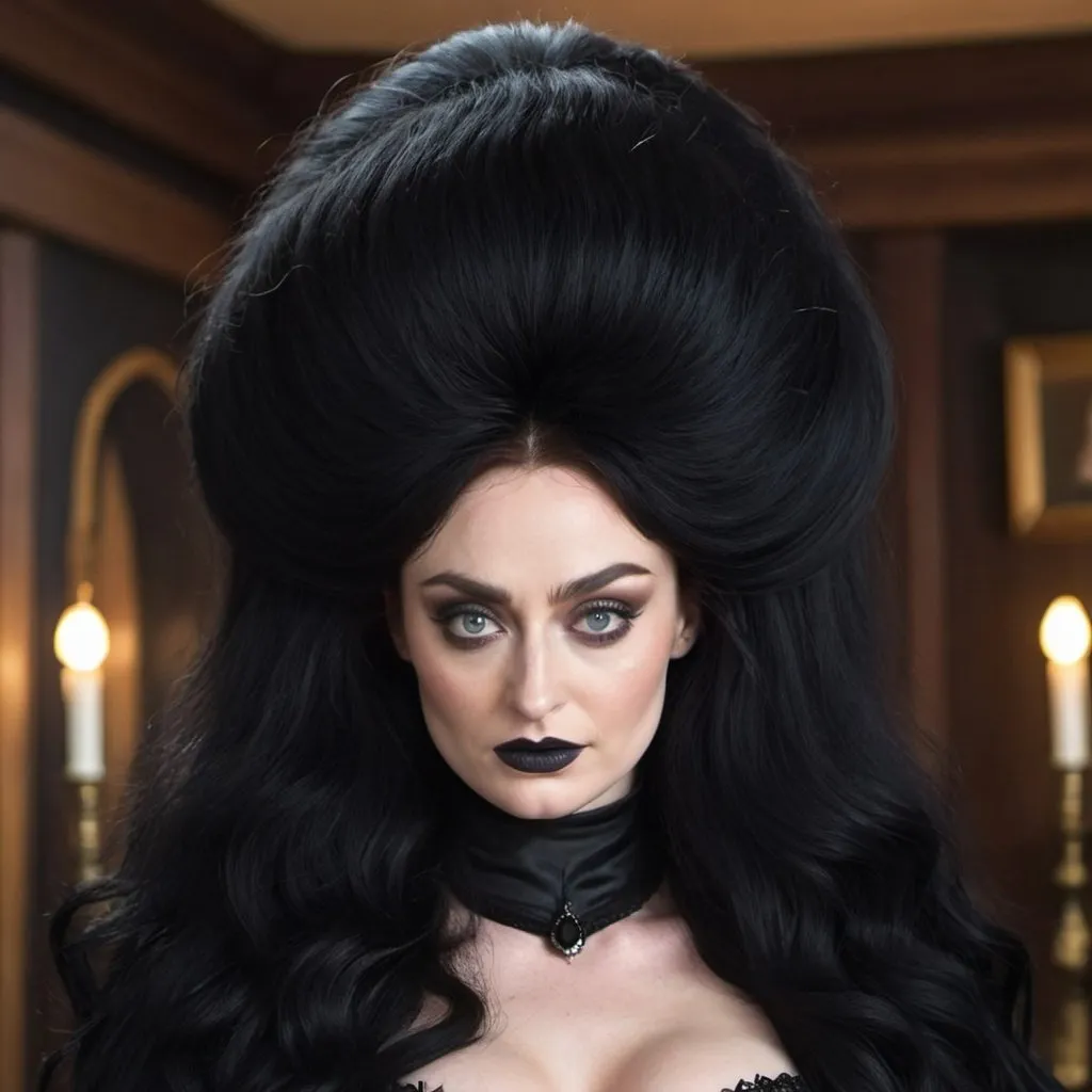 Prompt: sophie turner Dressed as Elvira Mistress of the dark, Big bouffant Beehive black hair