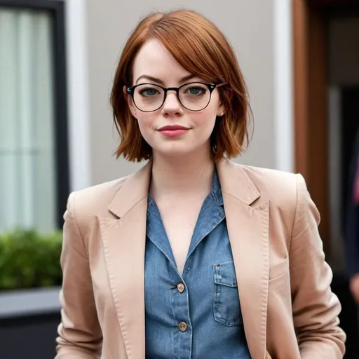 Prompt: Emma Stone a Karen woman, wearing mom jeans and blazer, glasses, short a line bob karen haircut, makeup, photo style, detailed face, full body