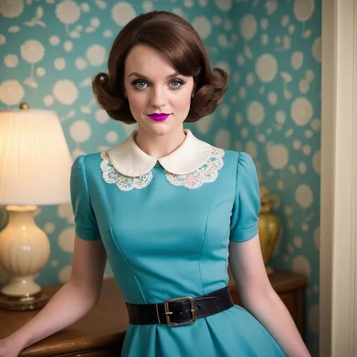 Prompt: A stunning portrait of Charlotte Ritchie, an English actress known for her versatile roles, elegantly transformed into a modern-day Stepford Wife with a twist of retro glamour. She stands poised in a vibrant, 1960s-inspired setting, with immaculate wallpaper in bold geometric patterns and furniture that whispers of mid-century charm. Charlotte's hair is styled in a bouffant masterpiece, a towering testament to the era's hairstyling prowess. The bouffant is voluminous and perfectly coiffed, with a sleek side part that frames her face, while the top layer is artfully teased and sprayed to maintain its gravity-defying form. Her makeup is flawless, with winged eyeliner that sharply contrasts her doe-like eyes and a shade of pink lipstick that complements her porcelain skin. She wears a fitted A-line dress in a vivid shade of cerulean blue, cinched at the waist with a thin black belt, showcasing the feminine silhouette popularized in the period. The dress is adorned with delicate white lace at the collar and cuffs, adding an element of innocence to her otherwise commanding presence. Her smile is enigmatic, hinting at the underlying strength and wit she is known for in her acting roles. In one hand, she holds a vintage rotary phone, the receiver tucked under her chin as if in the midst of a gossip-filled conversation with an unseen neighbor. In the other hand, she clutches a feather duster, a nod to the domestic duties typically associated with the Stepford Wives. However, her posture and the glint in her eye suggest a subversion of the role, as if she is in on the joke, a modern woman in a classic guise. The scene is bathed in a soft, warm light that casts playful shadows across the room, creating an atmosphere that is both inviting and slightly unsettling. The vivid colors and sharp focus on Charlotte's impeccable appearance draw the viewer in, while the subtle nods to the original Stepford Wives storyline add an intriguing layer of depth to the photograph.