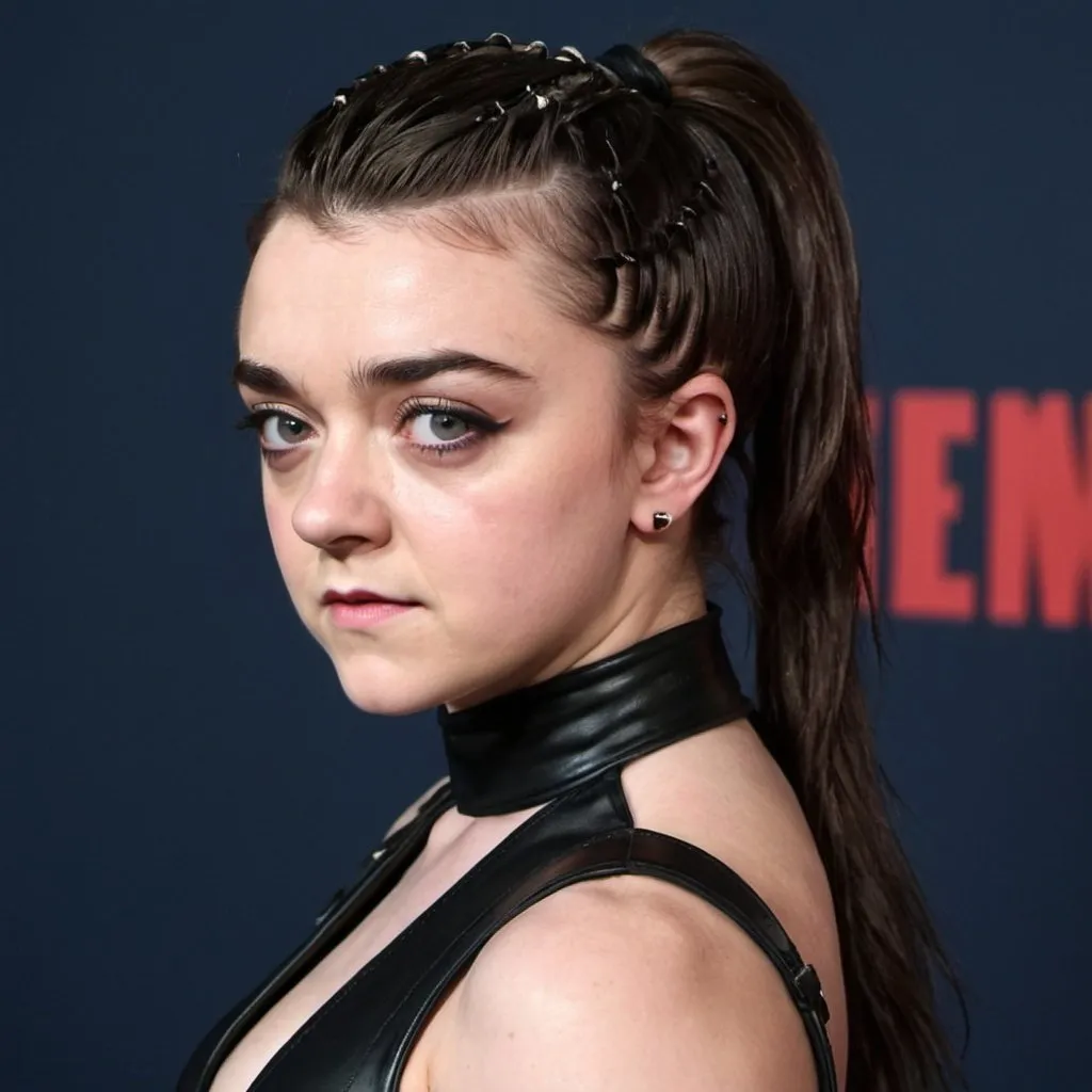 Prompt: maisie williams dressed as a dominatrix with a high long ponytail hairstyle 