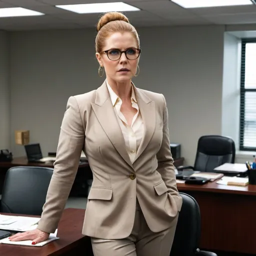 Prompt: Amy Adams a office old woman, tight bun hairstyle, business pantsuit, glasses, mature, high heels, standing in an office