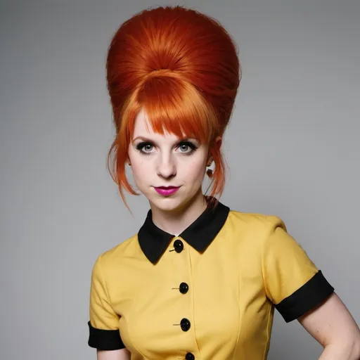 Prompt: Hayley Williams dressed as a 1960's woman with big bouffant beehive hair