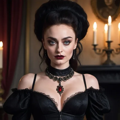 Prompt: Sophie Turner channeling her inner Elvira, Mistress of the Dark, with a spectacularly exaggerated bouffant beehive hairstyle that towers high above her head. The voluminous black hair is styled to perfection, with an alluring wave cascading down the front, framing her pale, gothic-chic face. She dons a tight-fitting, low-cut black dress with a deep-V neckline that accentuates her ample cleavage, reminiscent of Elvira's iconic look. The dress is adorned with intricate white lace detailing and a red satin collar, adding a dramatic flair to the ensemble. Her signature dark, arched eyebrows are drawn sharply, and her eyes are heavily lined with a thick winged eyeliner that extends into dramatic points. A bold red lip completes the sultry look. Around her neck hangs a large, glittering necklace with a skull-shaped pendant, and her long, red-painted nails add a touch of playful horror to the scene. Sophie's transformation is so convincing that she seems to have stepped straight out of a Tim Burton film. The background is a dimly lit, cobwebbed set with a large, ornate fireplace crackling with a fiery glow, casting deep shadows and highlighting her vampy attire. Her pose is one of confidence and allure, as she holds a skull-topped scepter in one hand and rests the other on her hip, inviting viewers to revel in the spooky yet glamorous atmosphere she exudes. The lighting is strategic, casting a soft glow on her skin while leaving the rest of the room in mystery, creating an eerie yet mesmerizing portrait of the young star fully embracing the legendary character's spirit.