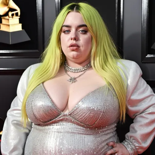 Prompt: fat Billie Eilish, chubby body, plump bbw, massive bouffant hair, big chest, wearing a sparkly dress