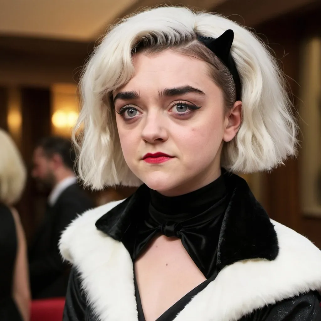 Prompt: Maisie Williams dressed as Cruella Deville