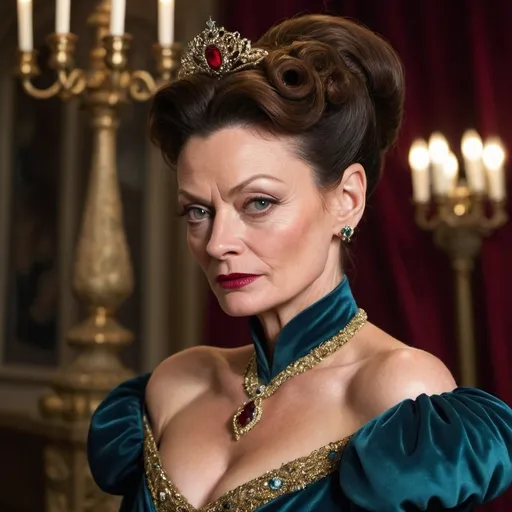 Prompt: A dramatic close-up of British actress Michelle Gomez, unmistakably dressed as the iconic Lady Tremaine from the classic fairy tale Cinderella. She is captured in a regal pose, one hand resting elegantly on her hip while the other holds a silver-handled fan, which she partially opens to reveal an intricate design that mirrors the opulence of her costume. Lady Tremaine's signature blue gown, with its high neckline and long, flowing sleeves, is adorned with shimmering beads and sequins that catch the light, emphasizing the richness of the fabric. The gown's waist is cinched with a thick, gold belt that matches the color of her updo's elaborate accessory. Her hair is styled in an elegant updo with a few loose curls framing her sharp features, which are enhanced by dramatic makeup that includes a bold red lip and piercing eyebrows. The room behind her is a blur of opulent gold and velvet, suggesting the grandeur of her character's living quarters. Her expression is a masterful blend of haughtiness and cunning, with a slight upturn of her lip that hints at the villainous intentions lurking beneath her ladylike demeanor. The lighting casts an ethereal glow on her face, highlighting the contours of her sharp cheekbones and the glint in her eye, as if she's just hatched a deviously clever plan. The overall effect is a captivating portrait that encapsulates the essence of Lady Tremaine's enchanting yet treacherous nature.