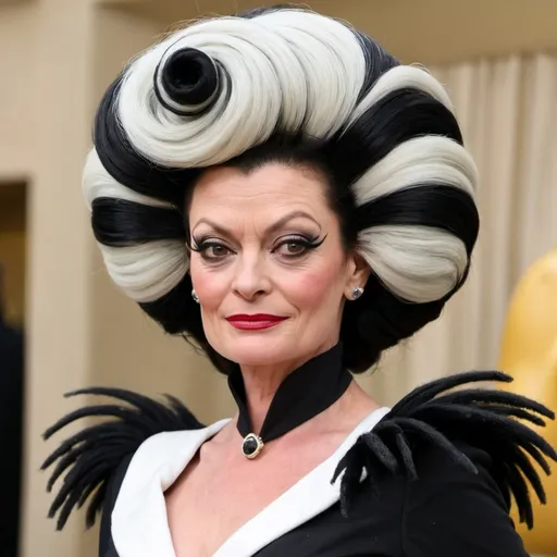 Prompt: Michelle gomez dressed as cruella deville from 101 dalmations with a massive beehive hairstyle