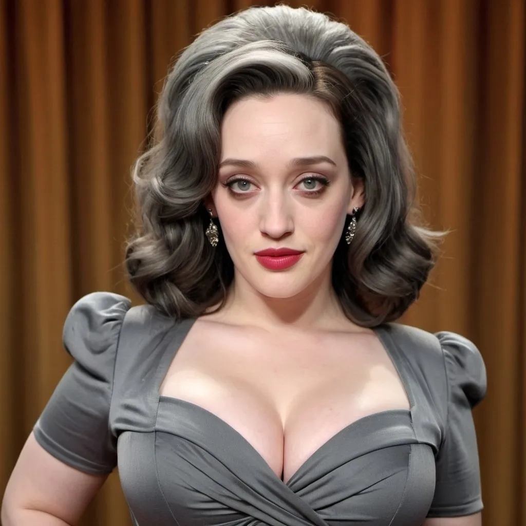 Prompt: kat dennings dressed as sultry mature old woman with wrinkles wearing a tight dress, curvy body, grey big bouffant beehive hair