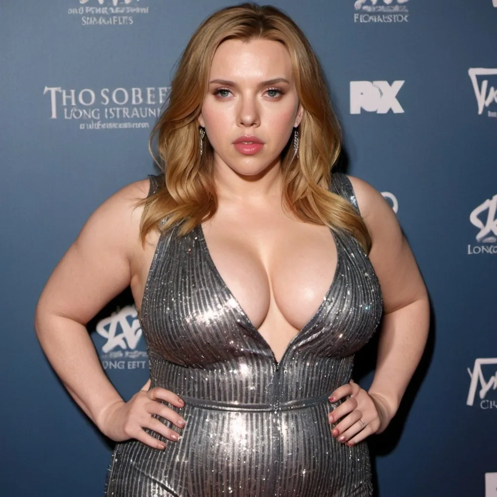 Prompt: fat Scarlett Johansson, chubby body, plump bbw, long hair, big chest, wearing a sparkly jumpsuit