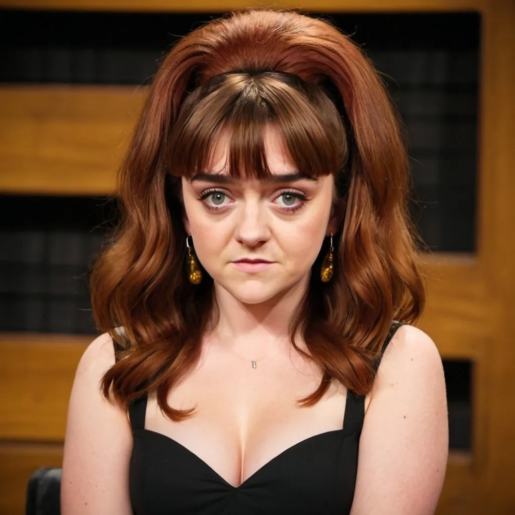 Prompt: Maisie Williams dressed as peggy bundy with big bouffant beehive long hair