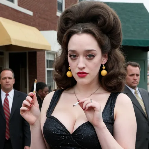 Prompt: setting, a new jersey street, kat dennings 
dressed as a jersey woman, with a massive bouffant beehive hairstyle, wearing tight dress, holding a cigarette, live photo, detailed face
