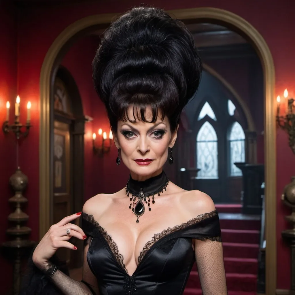 Prompt: A stunningly vivid depiction of Michelle Gomez channelling her inner Elvira, Mistress of the Dark, with an exaggerated, gravity-defying bouffant beehive hairstyle. Her raven locks are meticulously styled to form a towering cone, the height of which is emphasized by dramatic bangs that sweep down to frame her face. The hairstyle is teased and sprayed to perfection, with not a strand out of place. She is dressed in Elvira's iconic low-cut, figure-hugging black dress with a plunging neckline, adorned with intricate patterns of red lace and a matching choker that accentuates her sharp collarbones. The dress is cinched at the waist with a wide red belt, and the hem falls just above her knees, revealing fishnet stockings and sky-high stiletto heels. Her makeup is bold and captivating, with dark smoky eyes, exaggerated lashes, and crimson lips that perfectly match the ensemble. Above her head, there's a spectral glow, hinting at her supernatural allure. She stands with one hand on her hip, the other holding a prop skull with a cheeky grin, and her eyes sparkle with mischief. In the background, there's a dimly lit, cobwebbed set that suggests a haunted mansion, complete with a grand staircase leading into the shadows. The lighting casts a deep purple hue across the scene, enhancing the gothic ambiance. The combination of her playful pose, eye-catching attire, and the intricate details of the hair and set create a visual feast that is both eerie and glamorous, capturing the essence of Elvira while also showcasing Gomez's unique flair and charisma.