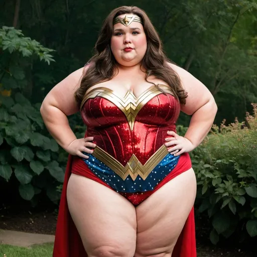 Prompt: fat Wonder Woman, chubby body, plump bbw, long hair, big chest, wearing a sparkly dress