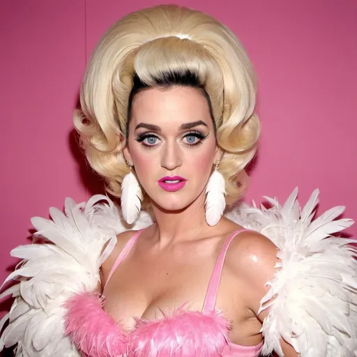 Prompt: katy perry dressed as a drag queen, wearing a pink dress and a white feather boa, lipstick, eyeshadow, huge blonde bouffant 1960s hair

