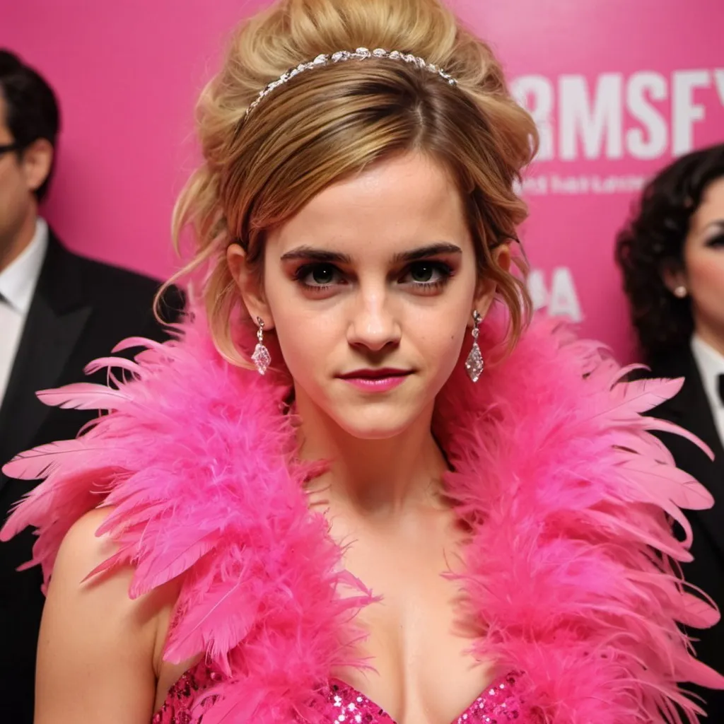 Prompt: emma watson huge blonde bouffant perm hair, bright pink sparkly halter dress, pink feather boa, pink feather headdress, pink lipstick, long eyelashes, eye liner, pink eye shadow, heavy makeup
