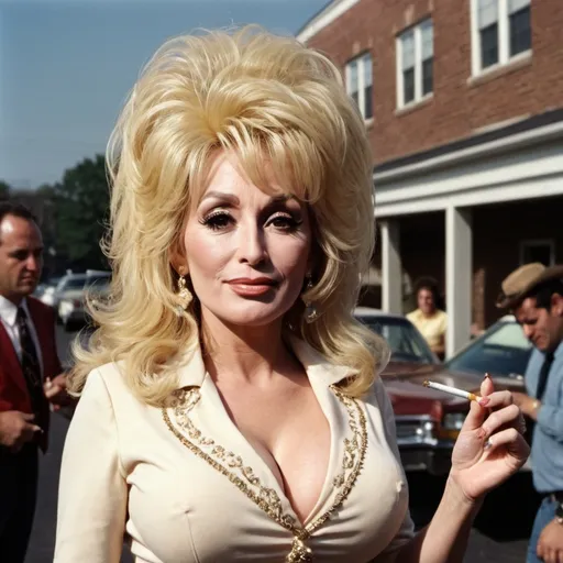 Prompt: setting, a new jersey street, dolly parton dressed as a jersey woman, with a massive bouffant beehive hairstyle, wearing tight dress, holding a cigarette, live photo, detailed face
