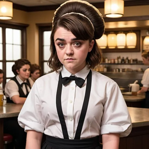 Prompt: Maisie Williams a overweight waitress, wearing waitress outfit, giant bouffant beehive hairstyle, makeup, photo style, detailed face, full body