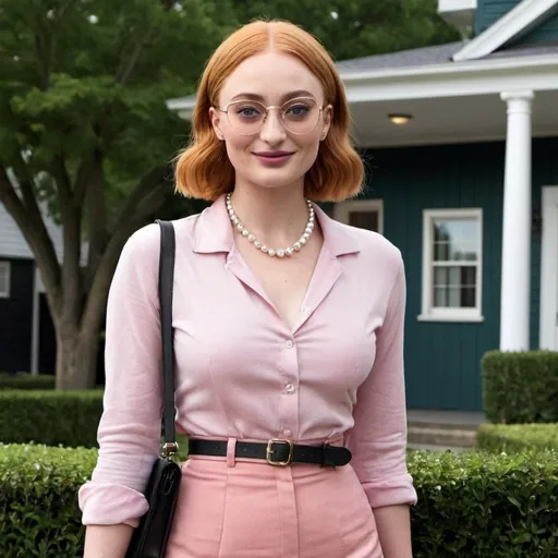 Prompt: British actress Sophie Turner, best known for her fiery role as Sansa Stark in "Game of Thrones," humorously transformed into a quintessential "Karen" mom with a short a-line bob haircut. In a playful nod to the stereotype, she's dressed in a pastel pink blouse tucked into a high-waisted, midi-length denim skirt, which is cinched at the waist with a thick brown belt. The outfit is completed with a pair of sensible white sneakers and a small, designer bag slung over her shoulder. Her once-long, auburn locks are now a sleek, blonde bob that falls just above her shoulders, framing her face in a style that screams "I can handle anything" suburban confidence. The look is accessorized with large, square-framed glasses pushed atop her head and a pearl necklace that adds a touch of elegance to the ensemble. With a slightly upturned nose and a tight smile that doesn't quite reach her eyes, she holds a smartphone in one hand, poised to capture the moment, and a Starbucks cup in the other, emblazoned with an overly complicated drink order. The background is a pristine, manicured lawn with a white picket fence, setting the stage for a quintessential suburban scene. The juxtaposition of Turner's youthful beauty with the Karen mom look is both amusing and uncanny, leaving viewers to wonder if she's about to request to speak with the manager or share an unsolicited opinion with a neighbor. Her outfit is a mix of modern and classic, blending the iconic Karen style with a contemporary twist, making the whole image a delightful visual pun that is sure to spark conversations and laughter.