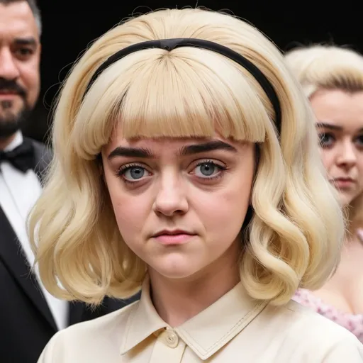 Prompt: Maisie Williams dressed as stepford wife with massive bouffant beehive long blonde hair