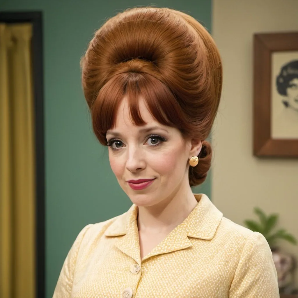 Prompt: katherine parkinson dressed as a 1960's woman with big bouffant beehive hair