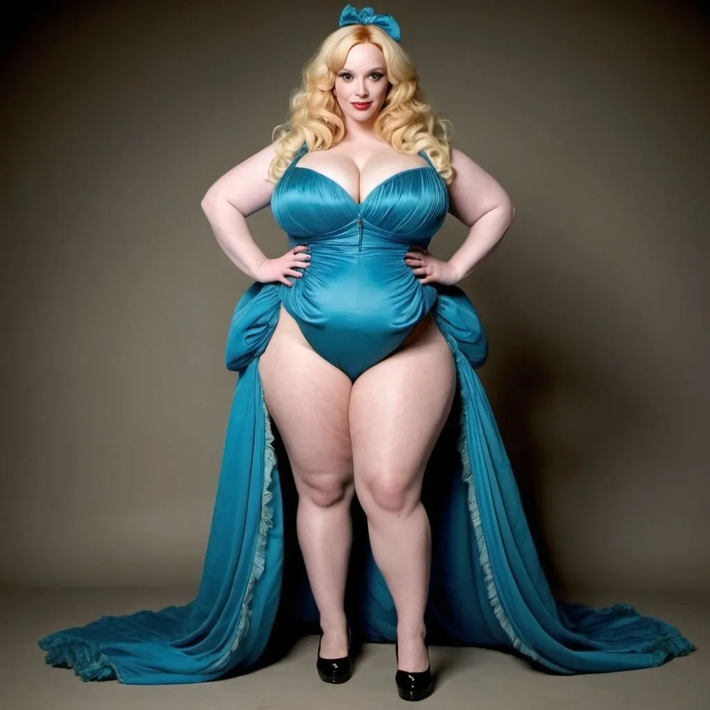 Prompt: full body photo christina hendricks dressed as a fat bbw burlesque dancer with bleach blonde very long hair