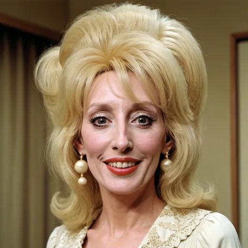 Prompt: shelley duvall dressed as dolly parton with a big bouffant beehive hairstyle