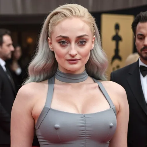 Prompt: sophie turner dressed as sultry mature woman with wrinkles wearing a tight dress, curvy body, grey big bouffant beehive hair