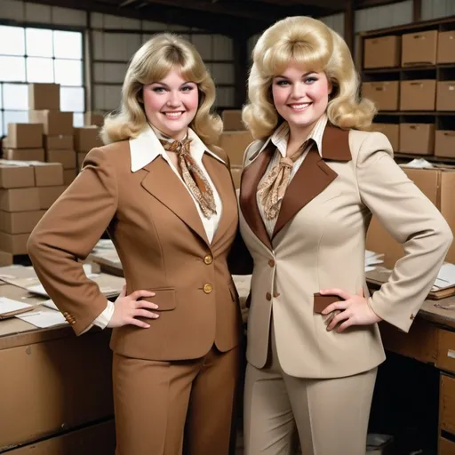 Prompt: Smiling heavy woman with large thighs with a blonde mullet shag with bangs beige and brown comtrasting ripped up and 
worn out 1970's double knit polyester three piece vested matching  business suit with poofy wide shoulder pads, very wide collar, wide lapels, blouse with a very wide 1970s frilly ascot neckerchief in an old warehouse