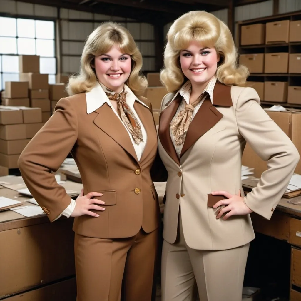 Prompt: Smiling heavy woman with large thighs with a blonde mullet shag with bangs beige and brown comtrasting ripped up and 
worn out 1970's double knit polyester three piece vested matching  business suit with poofy wide shoulder pads, very wide collar, wide lapels, blouse with a very wide 1970s frilly ascot neckerchief in an old warehouse