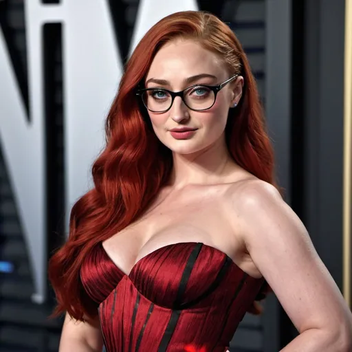 Prompt: hd photo of sophie turner sultry mature woman, plump body, red cocktail dress, long bouffant black hair with grey streaks, glasses
