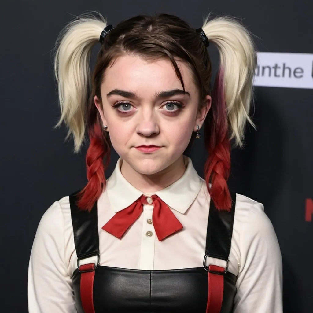 Prompt: Maisie Williams dressed as harley Quin with big bouffant pigtail hair