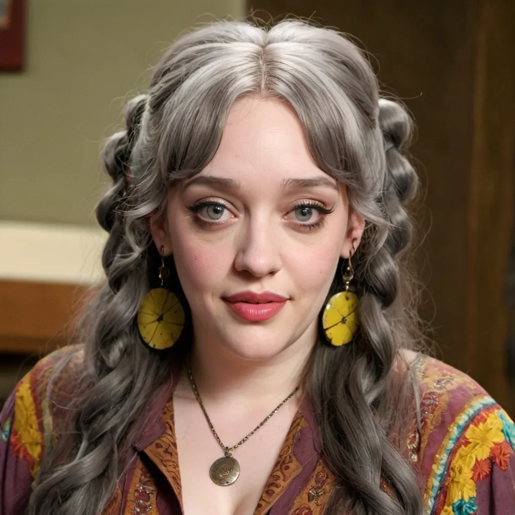 Prompt: kat dennings dressed as an old hippie woman with grey bouffant pigtail hair with bangs