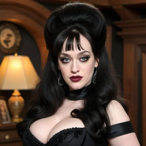 Prompt: Kat Dennings Dressed as Elvira Mistress of the dark, Big bouffant Beehive black hair