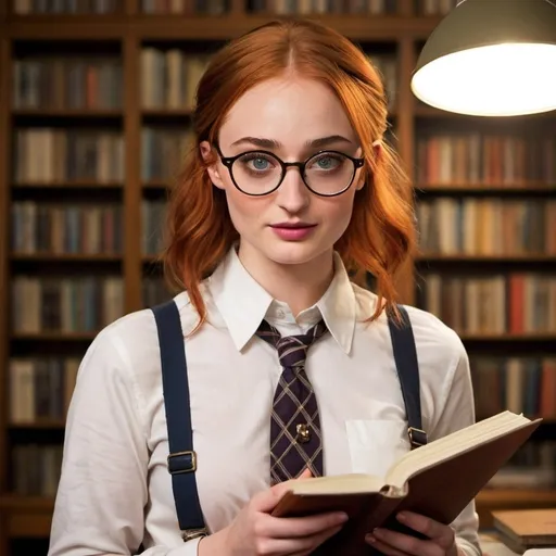 Prompt: A charming transformation of the usually elegant and fiery Sophie Turner into a quirky, intellectual character. With her signature short bowlcut hair meticulously styled to frame her face, she dons a pair of thick-rimmed, nerdy glasses that give her a scholarly allure. The glasses, with a hint of retro charm, enhance her natural beauty, making her appear both studious and endearingly dorky. Her attire consists of a plain white button-up shirt, which she has rolled up to her elbows, revealing a playful streak of geekiness. The pièce de résistance of her ensemble is a set of vibrant suspenders, which she has clipped onto her high-waisted blue jeans. The suspenders, adorned with cartoonish equations and scientific symbols, not only keep her shirt in place but also serve as a whimsical nod to her fictional love for physics and math. She stands in a setting that resembles a cozy library corner, surrounded by towering bookshelves filled with dusty tomes, a testament to her voracious appetite for knowledge. In her hand, she holds a leather-bound notebook, filled with scribbled notes and doodles that spill over onto the pages, hinting at her latest intellectual pursuit. The soft lighting casts a warm glow on her face, highlighting her cheekbones and the glint in her eyes as she looks directly into the camera with a slightly mischievous smile. The scene exudes an air of comfort and intelligence, as if she's just stepped out of a page from a graphic novel where she's the protagonist in a world of academic adventures. Her overall look is a delightful blend of chic and geek, leaving the viewer with a sense of wonder about the imaginary tales her brain might be conjuring up behind those spectacles.