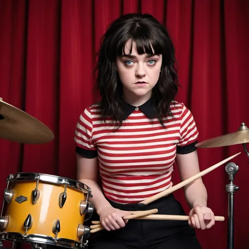 Prompt: Maisie Williams, the iconic English actress known for her role as Arya Stark in "Game of Thrones," transformed into a striking doppelgänger of Meg White from the rock band The White Stripes. With a massive beehive hairstyle that soars to new heights, her raven locks are meticulously styled in a stark black hue that mirrors Meg's signature look. The beehive is a true spectacle, a tower of intricate hair swirls and volume that demand attention, giving her an edgy yet playful aura. Donning a simple yet bold red and white striped shirt, reminiscent of the band's emblematic attire, she captures Meg's minimalist yet iconic fashion sense. The stark contrast of her crimson shirt against her pale complexion and the dramatic black hair evokes a vintage vibe, transporting the viewer to the early 2000s indie rock scene. Her eyes are lined with thick, dark liner, and her lips are a soft pink, adding a touch of feminine charm to the otherwise stark look. Behind the beehive, a backdrop of vibrant red curtains complements the color scheme, creating a stage-like setting that hints at a performance or photoshoot. In her hands, she holds a pair of drumsticks, poised and ready to channel Meg's raw, unconventional drumming style. The overall composition exudes a playful tribute to the rock 'n' roll duo, blending the past with the present as Maisie effortlessly embodies the spirit of Meg White, inviting the audience to revel in the nostalgia and rebellious energy of the era.