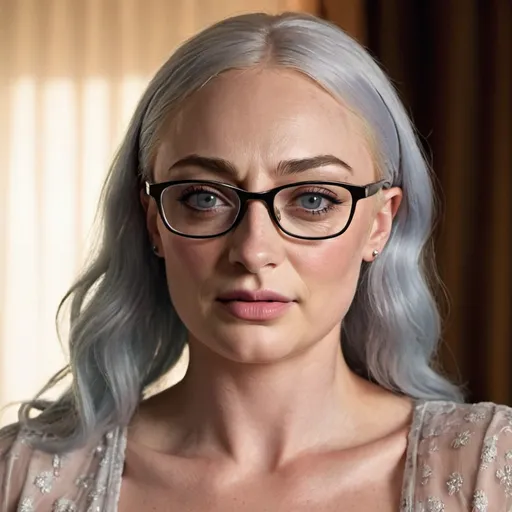 Prompt: sophie turner dressed as a sultry mature woman, 60 years old, grey hair, eyelashes, eyeshadow, glasses wrinkles, nightdress