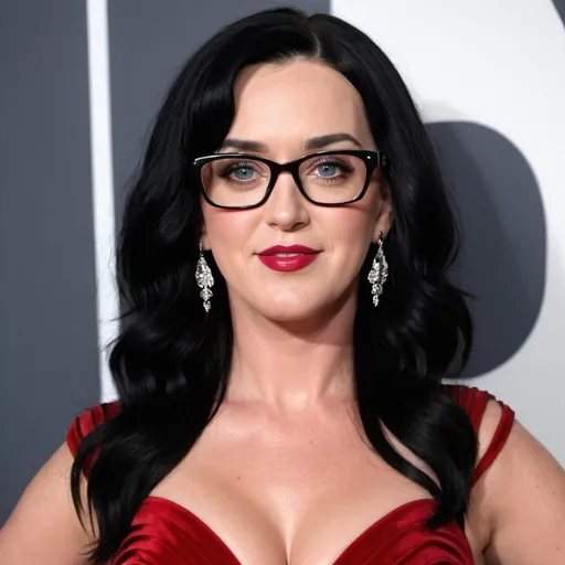 Prompt: hd photo of Katy Perry sultry mature woman, curvy body, red cocktail dress, long hair with white streaks, glasses
