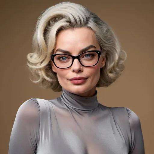 Prompt: margot robbie dressed as sultry mature old woman with wrinkles wearing a tight dress, curvy body, glasses, grey big bouffant beehive hair