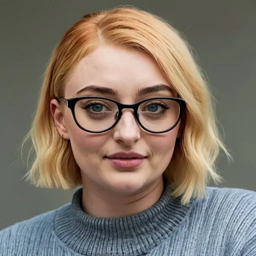 Prompt: Sophie Turner a overweight bbw chubby fat mom, wearing mom jeans and sweater, glasses, short bob bowlcut hair with bangs, makeup, photo style, detailed face, full body