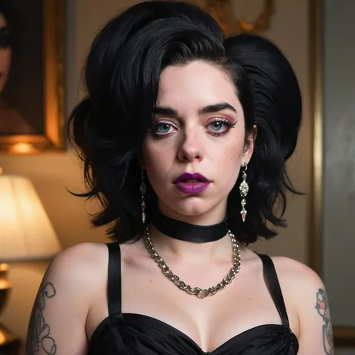 Prompt: Billie Eilish in a striking transformation, channelling the iconic style of Amy Winehouse with a modern twist. Her raven hair is sculpted into an impressive bouffant beehive, reminiscent of the late singer's signature look, but with a touch of Eilish's edgy flair. The towering hairstyle is meticulously teased and styled, creating a dramatic contrast against her delicate features. She wears a vintage-inspired black dress with a cinched waist, adorned with white polka dots that playfully pop against the dark backdrop. The neckline is sweetheart-shaped, paying homage to the '60s fashion often favored by Winehouse. Her makeup is bold and captivating, with thick winged eyeliner, rosy cheeks, and a deep red lip that mirrors the richness of the original inspiration. Billie's eyes are piercing and filled with a knowing gaze that suggests she's not just dressed as Amy Winehouse, but has tapped into the soulful spirit of the legendary artist. The background is a moody blend of purples and blues, setting a nostalgic yet haunting atmosphere. The lighting casts a soft glow around her, highlighting the intricate details of her hairstyle and the contours of her face. With a microphone in hand, she stands poised, ready to perform, bridging the gap between two musical eras and celebrating the enduring influence of Winehouse's timeless style.