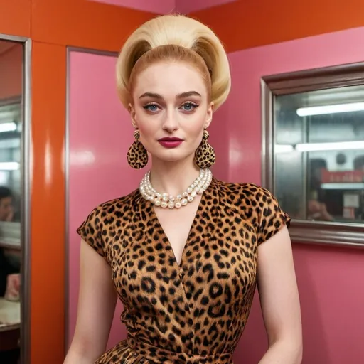 Prompt: Sophie Turner, a modern-day icon, channelling an unabashedly tacky 1960s New Jersey vibe. She stands out against a vibrant, retro-inspired backdrop of bold oranges and pinks, reminiscent of a classic diner. Her hair is styled into an exaggerated bouffant beehive, teased to gravity-defying heights and adorned with a flashy leopard print scarf, which adds a playful twist to the era's signature hairdo. The gaudy leopard print doesn't stop there, as she is draped in a loud, matching dress that hugs her figure and flares out dramatically at the knee. The ensemble is accessorized with a chunky pearl necklace that cascades down her chest, each pearl a nod to the opulence and excess of the time. Her makeup is a statement of the era with winged eyeliner sharp enough to cut through the heart of the image and a bold red pout that demands attention. The overall look is completed with a pair of oversized, glittering earrings that dangle playfully with her every move. Sophie's pose is both cheeky and confident, one hand on her hip and the other holding a vintage phone receiver, as if she's just concluded the juiciest gossip of the day. Her eyes sparkle with mischief and her smile is as bright as the neon lights that bathe the scene. The composition is a delightful clash of patterns and textures, embodying the vibrant spirit of the 1960s while simultaneously poking fun at its more over-the-top fashion choices. The image is a celebration of retro glamour, humorously highlighting the extravagance of the past through the lens of today's more minimalist aesthetics.