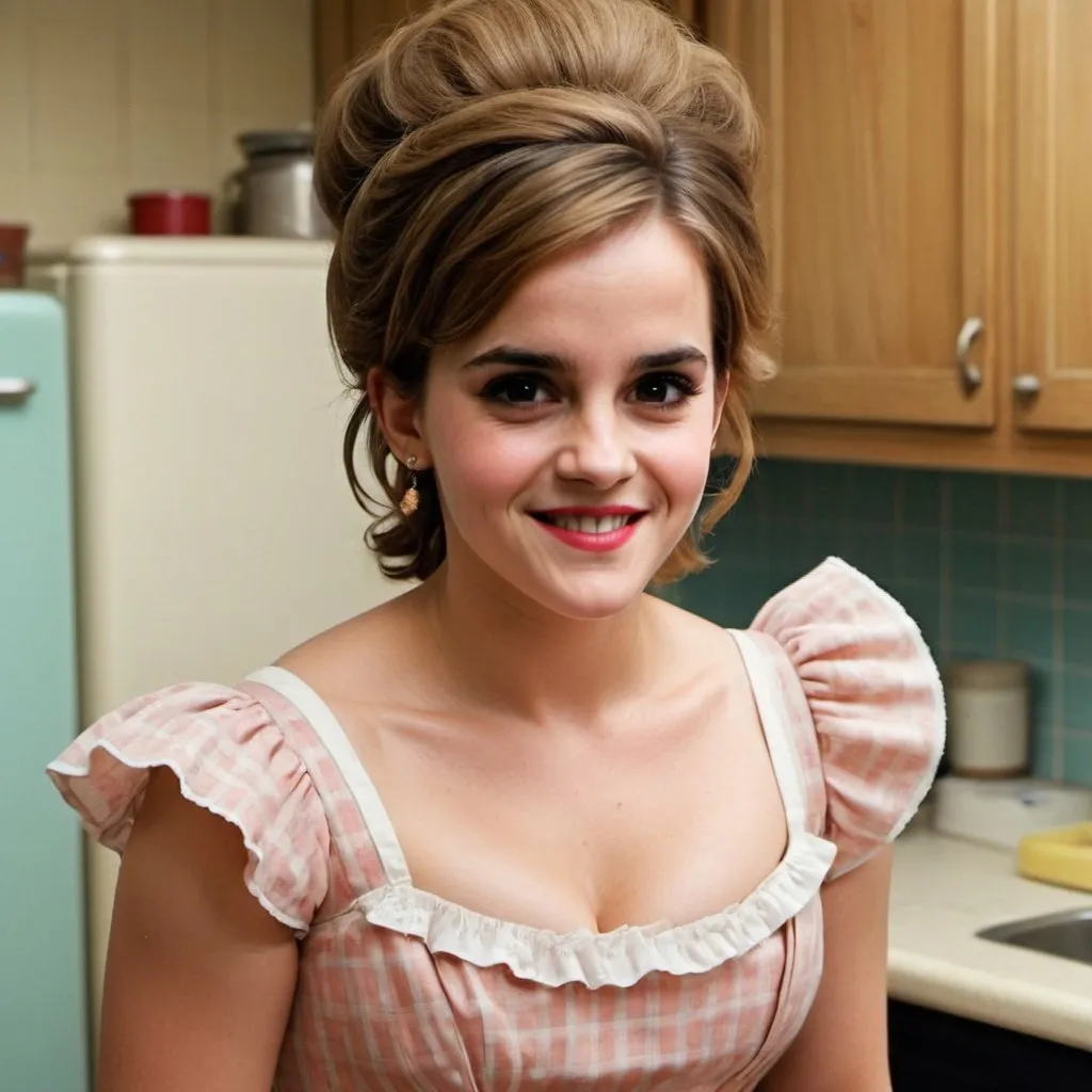 Prompt: fat Emma Watson conservative housewife in a kitchen, dazed smile, tan skin, wearing a poofy modest frilly dress, lipstick, eyeshadow, huge bouffant 1960s hair, fat 