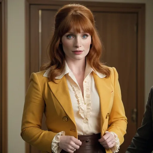 Prompt: bryce dallas howard, dressed as a 1970s woman, wearing a 1970s blazer with a wide collar, a frilly shirt and a pencil skirt, 1970s bouffant mullet shag with bangs hairstyle