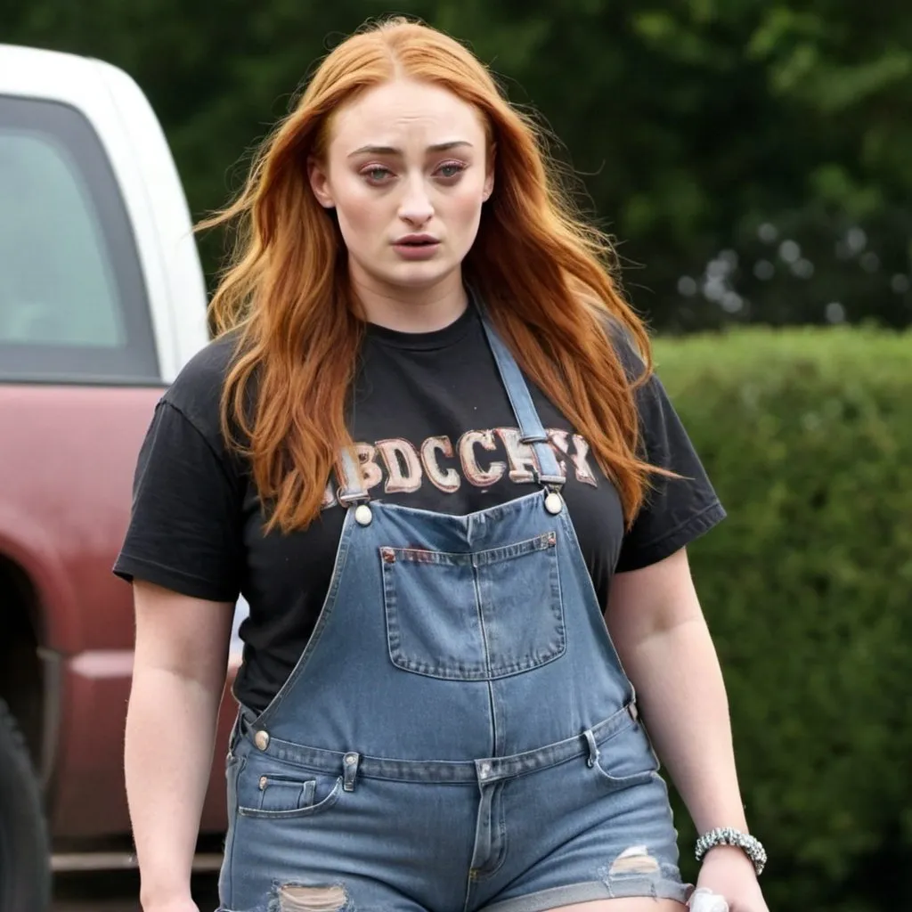 Prompt: Sophie Turner dressed as bbw chubby redneck Woman, messy hair, stained t shirt, denim shorts, smoking