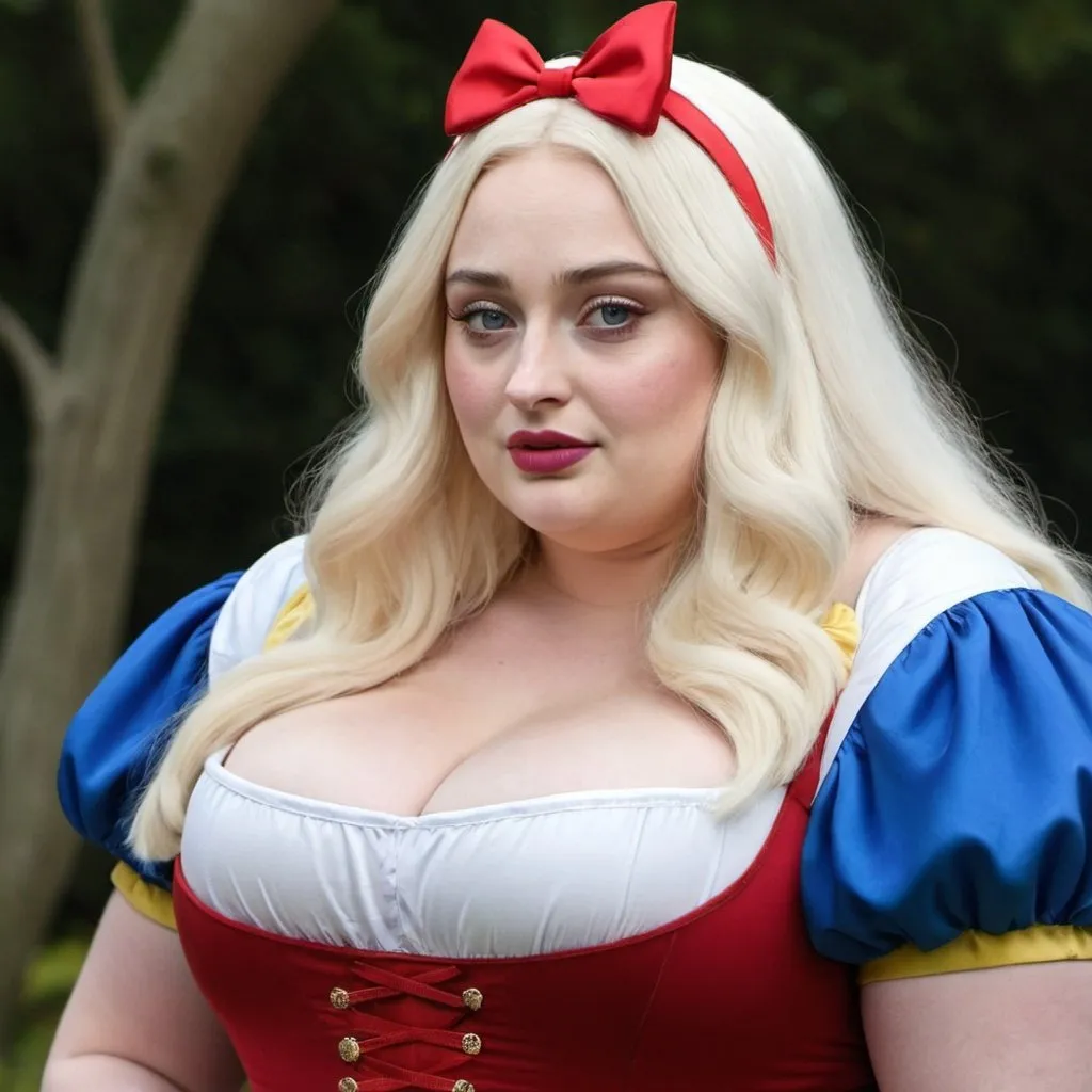 Prompt: Sophie Turner dressed as bbw chubby snow white Woman, snow white hair