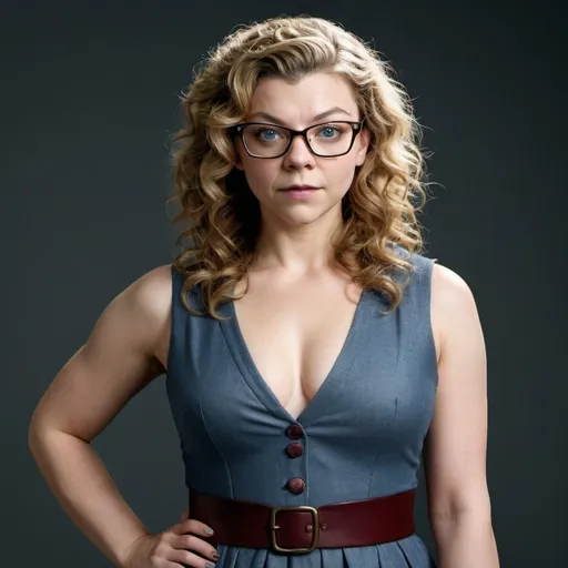 Prompt: full body photo natalie dormer dressed as a chubby nerdy woman with frizzy curly hair and glasses