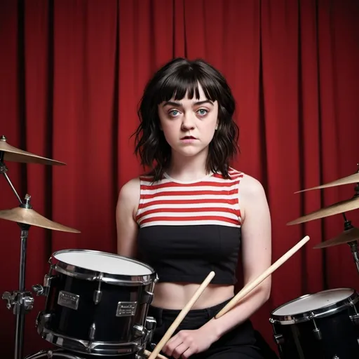 Prompt: Maisie Williams, the iconic English actress known for her role as Arya Stark in "Game of Thrones," transformed into a striking doppelgänger of Meg White from the rock band The White Stripes. With a massive beehive hairstyle that soars to new heights, her raven locks are meticulously styled in a stark black hue that mirrors Meg's signature look. The beehive is a true spectacle, a tower of intricate hair swirls and volume that demand attention, giving her an edgy yet playful aura. Donning a simple yet bold red and white striped shirt, reminiscent of the band's emblematic attire, she captures Meg's minimalist yet iconic fashion sense. The stark contrast of her crimson shirt against her pale complexion and the dramatic black hair evokes a vintage vibe, transporting the viewer to the early 2000s indie rock scene. Her eyes are lined with thick, dark liner, and her lips are a soft pink, adding a touch of feminine charm to the otherwise stark look. Behind the beehive, a backdrop of vibrant red curtains complements the color scheme, creating a stage-like setting that hints at a performance or photoshoot. In her hands, she holds a pair of drumsticks, poised and ready to channel Meg's raw, unconventional drumming style. The overall composition exudes a playful tribute to the rock 'n' roll duo, blending the past with the present as Maisie effortlessly embodies the spirit of Meg White, inviting the audience to revel in the nostalgia and rebellious energy of the era.