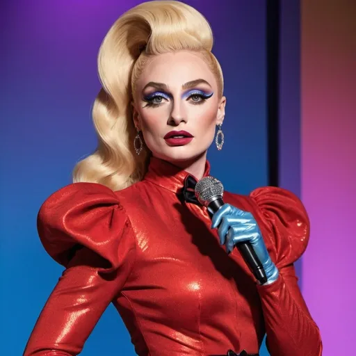 Prompt: A stunning transformation of the popular actress Sophie Turner as she dons an avant-garde male drag ensemble, exuding confidence and charm. Her fiery red evening gown has been replaced by a tailored black tuxedo, complete with a crisp white shirt and a flashy bow tie that matches the vibrant hue of her iconic red lipstick. The pièce de résistance, however, is the voluminous blonde wig that graciously crowns her head, cascading in soft waves that reach her broad shoulders. The wig is styled with an elegant side-swept fringe that perfectly frames her dramatically contoured cheekbones and piercing blue eyes, which are accentuated with a smokey eye makeup that adds an edgy flair to the look. Sophie's features are meticulously painted to mimic the exaggerated yet alluring facial structure of a male drag queen, with a sharp jawline and sculpted eyebrows that arch high in a playful expression. Her arms are adorned with long, glittering gloves that extend to her elbows, and she holds a gleaming microphone in her hand, poised to belt out a tune or serve a rapier wit. The backdrop is a glitzy stage, replete with shimmering lights and a rainbow of colors that dance across her figure, reflecting the vibrant essence of the drag world. The atmosphere is electric, as an audience, a blur of eager faces and applauding hands, watches from the shadows. Sophie's pose is both powerful and playful, one leg bent at the knee, the other foot firmly planted on the ground, as if ready to strut or break into a dance at any moment. Her posture is a blend of masculine poise and feminine grace, embodying the fluidity and artistry of drag. The image captures the essence of a surprise performance at a high-profile event, where she has not only embraced the challenge of a new role but also paid homage to the rich tapestry of the LGBTQ+ community and the art of drag.